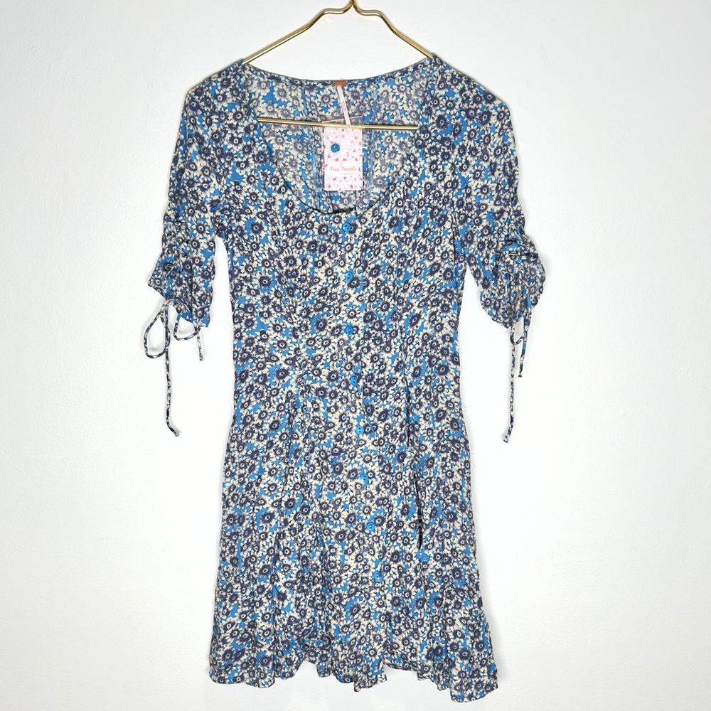 FREE PEOPLE Floral Lace Up Blue Skater Mini Dress XS NWT Sunflower
